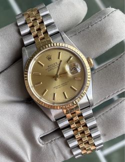 ROLEX MENS DATEJUST 16233 18K GOLD STAINLESS STEEL CHAMPAGNE DIAL TWO TONE WATCH