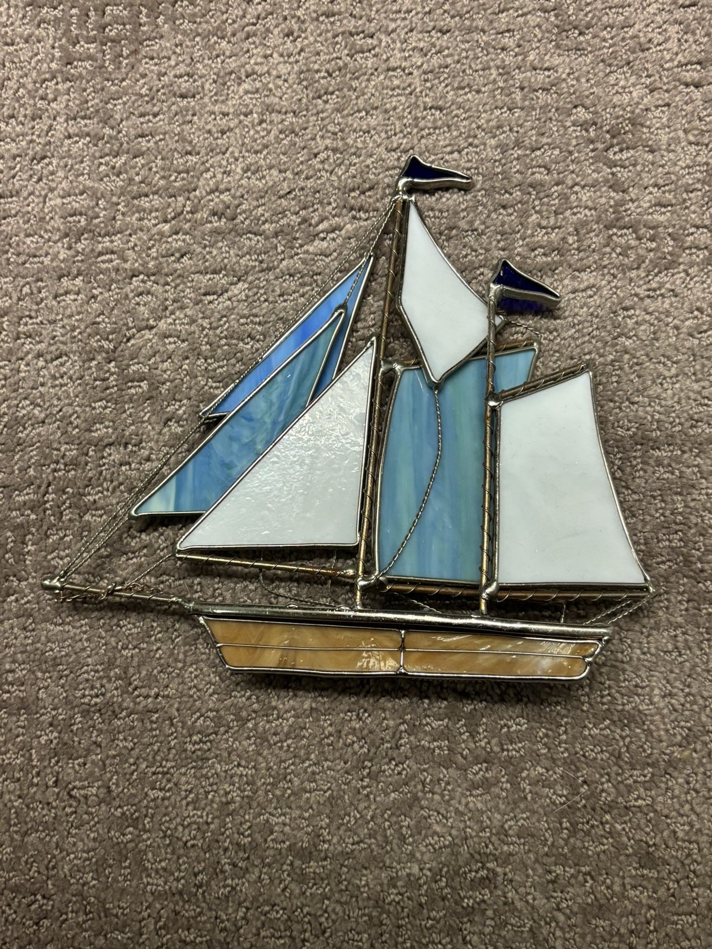 Vintage Handmade Stained Glass Boat