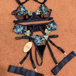 New medium black blue floral sheer lace festival lingerie panty set rave garter