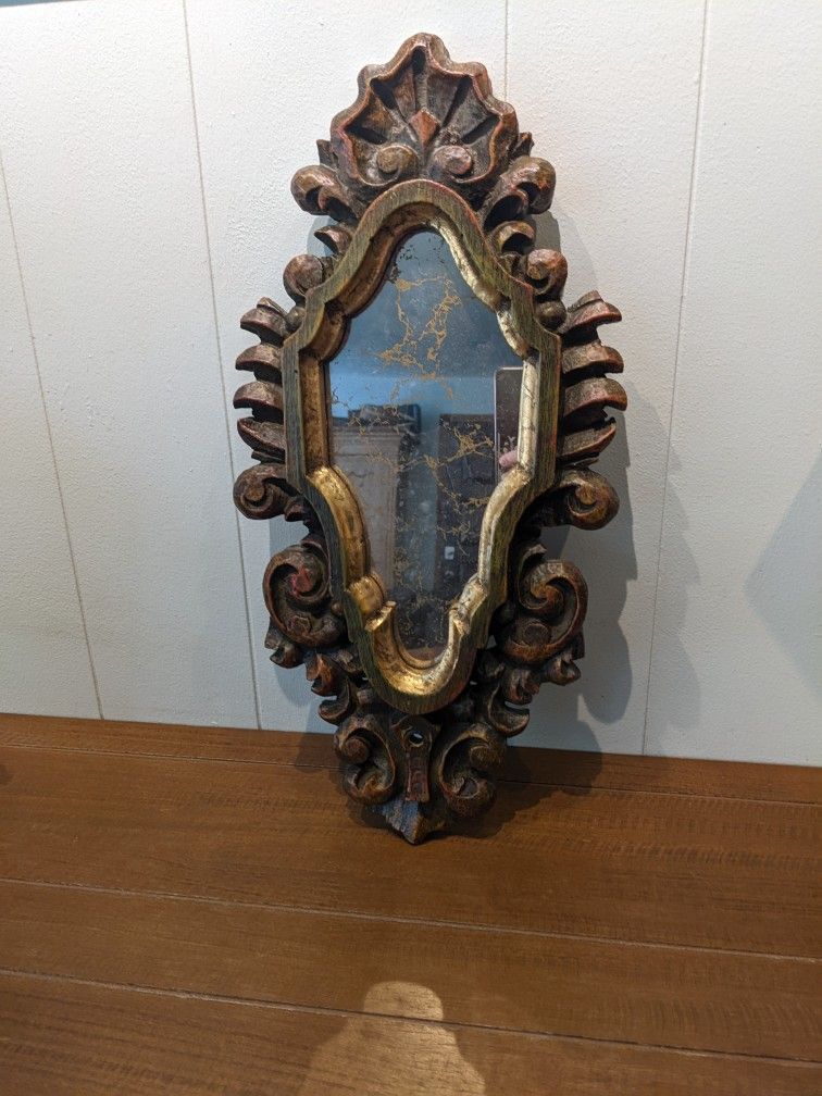 Vintage Ornate Wood Mirror. With Marbled Mercury Finish On The Mirror. 