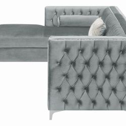 New Sectional Sofa With Button Tufted Grey Velvet