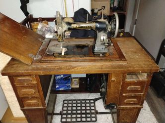 Antique White Rotary Treadle Sewing Machine with Cabinet