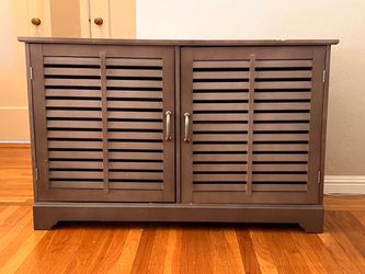 Grey-Brown Louvered TV Console / Storage Cabinet — Adjustable Shelving — Priced to Sell Fast