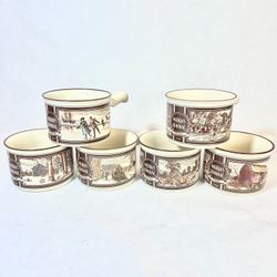 Six Watkins 1986 White Stoneware Ceramic Antique Collectible Almanac Soup Bowls With Handles