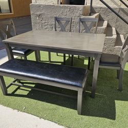 Brand New DIning Set Table 4 Chairs & Bench Dark Grey Faux Leather Seats $449 