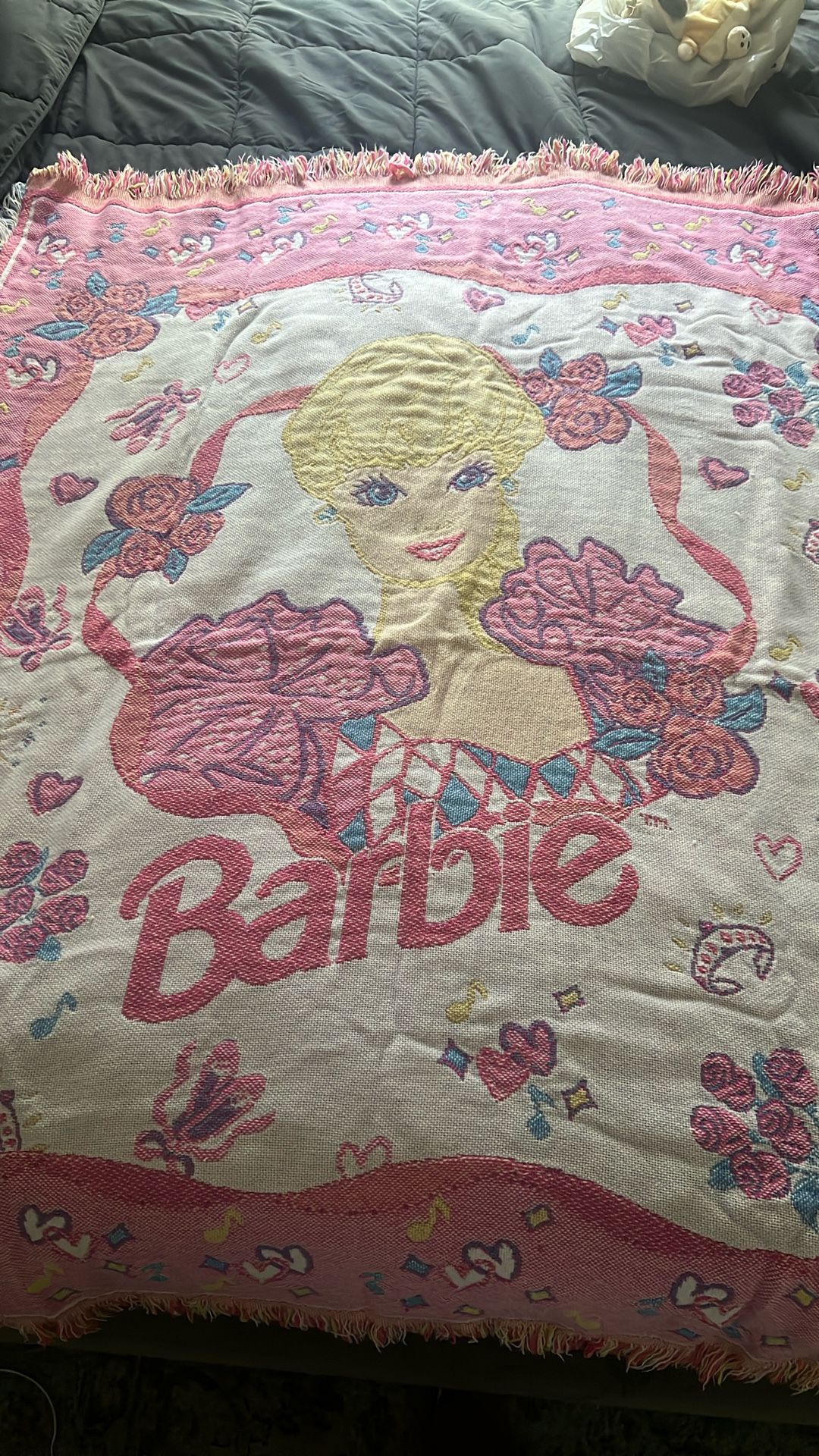 Vintage Barbie Woven Tapestry Throw Blanket Pink Made In USA Beacon 56x50
