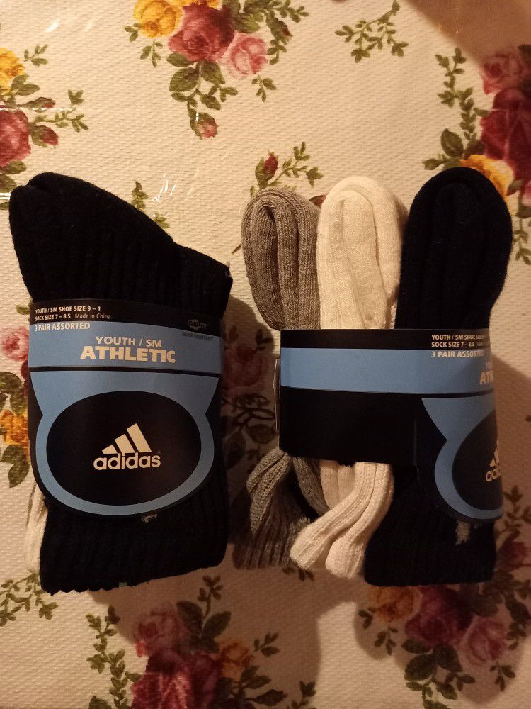 YOUTH Adidas Athletic Socks 6 Pairs For $12 Available In Black, White & Gray Or All Black.