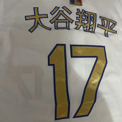 White Gold Blue Outline Stitched Los Angeles Dodgers Shohei Ohtani Championship Jersey *Japanese kanji*