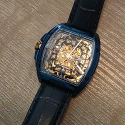 Theorema St. Petersburg mechanical watch with a blue case and black genuine leather strap. 