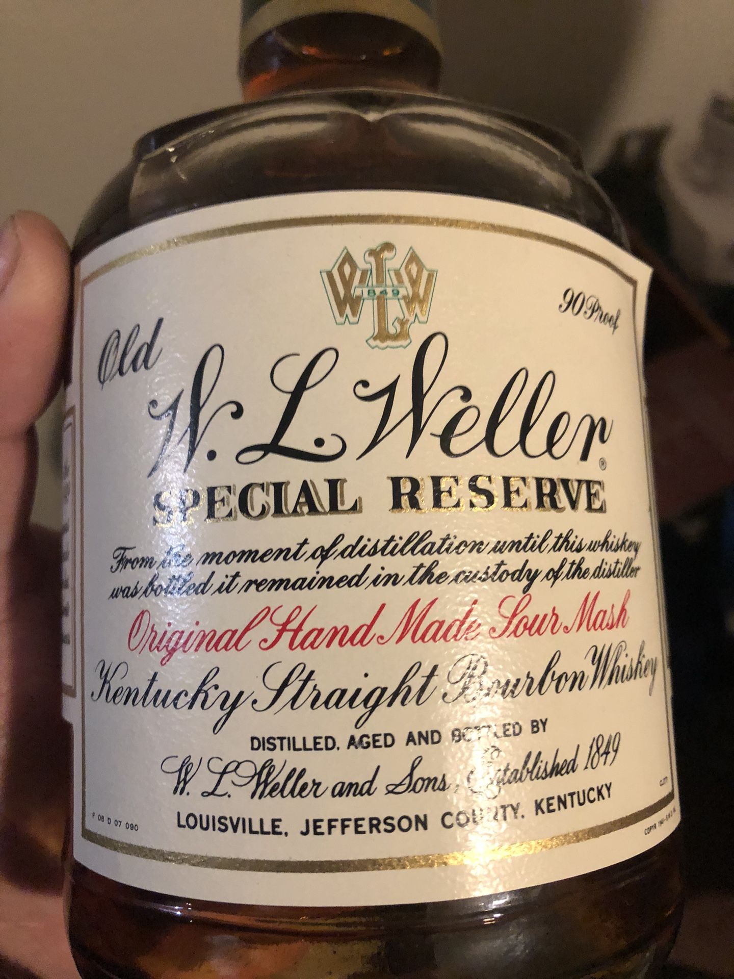 Old WL Weller Special Reserved 90 Proof 1 Liter Paper Label 1980