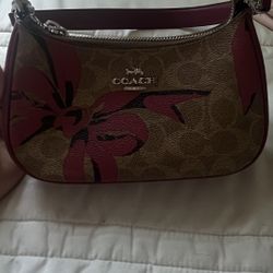 beige coach bag with pink bows 