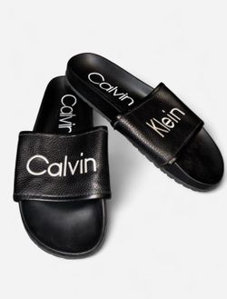 Calvin Klein Men's Black Logo Slide Sandals Leather Slip-On US 9