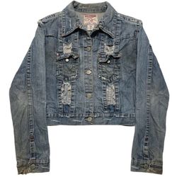 Vintage Y2K 2000's True Religion Jimmy Cropped Distressed Blue Denim Jean Jacket