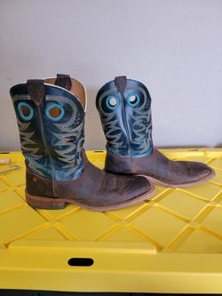 JUSTIN MEN'S BENT RAIL AUSTIN COPPER AND TEAL WIDE SQUARE TOE COWBOY BOOTS + PULL UP'S * WORN ONLY 3 TIMES *