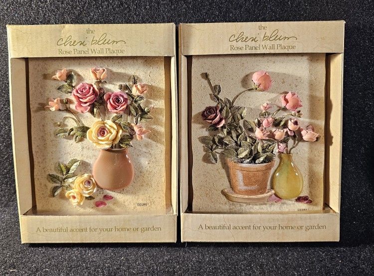 Set Of Two Vintage (2003) New-View Cheri Blum Rose Panel Wall Plaques. New!