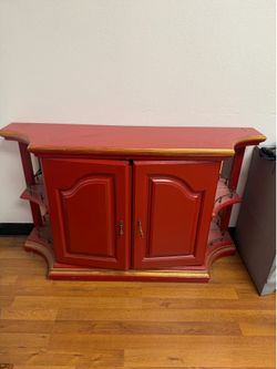 Red Accent Cabinet / Bar Console w/ Side Shelves (Unique Statement Piece)