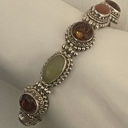 BA Surati Sterling Bead Detail Amber Carnelian & Chrysoprase Toggle Bracelet