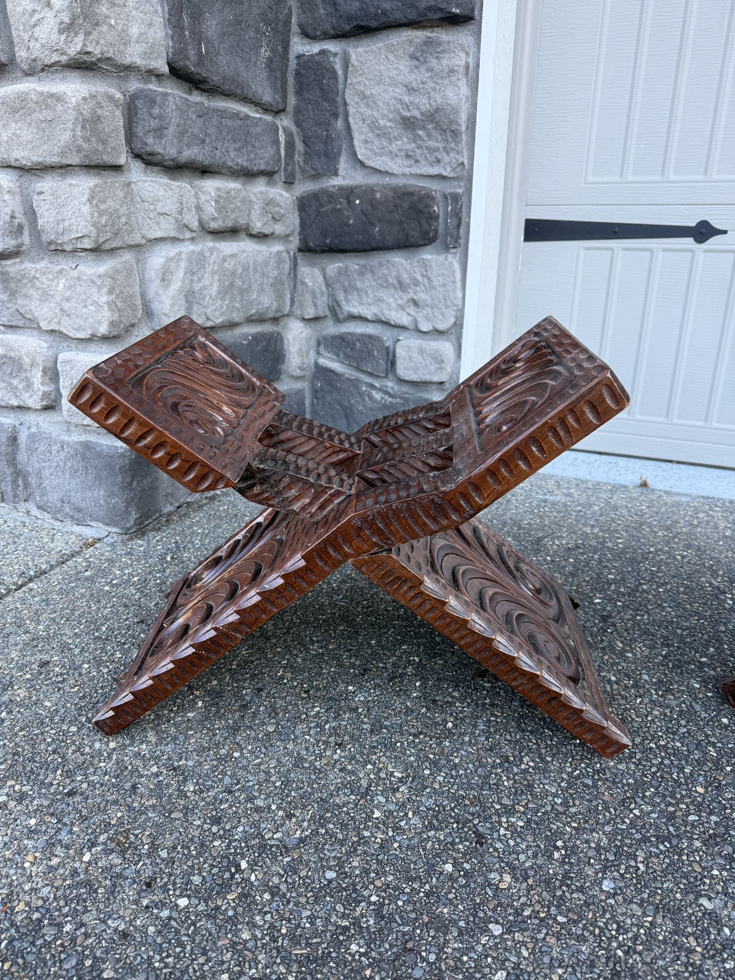 Traditional African carved folding X stool chairs pair of chairs