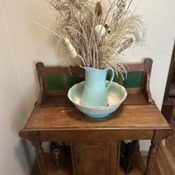 Antique Oak Dry Sink Wash Stand Cabinet with Water Pitcher and Bowl. 