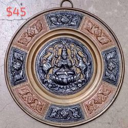  3 Plates. Two-Toned Hindu God Plates In Copper And Bronze 
