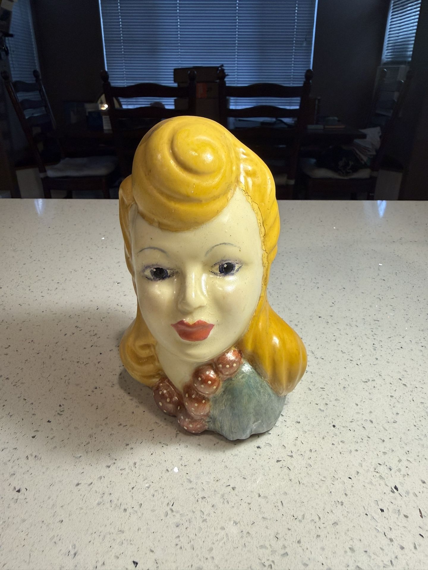 Vintage Blonde Lady Head Vase Planter 7” Mid Century Ceramic Woman Bust