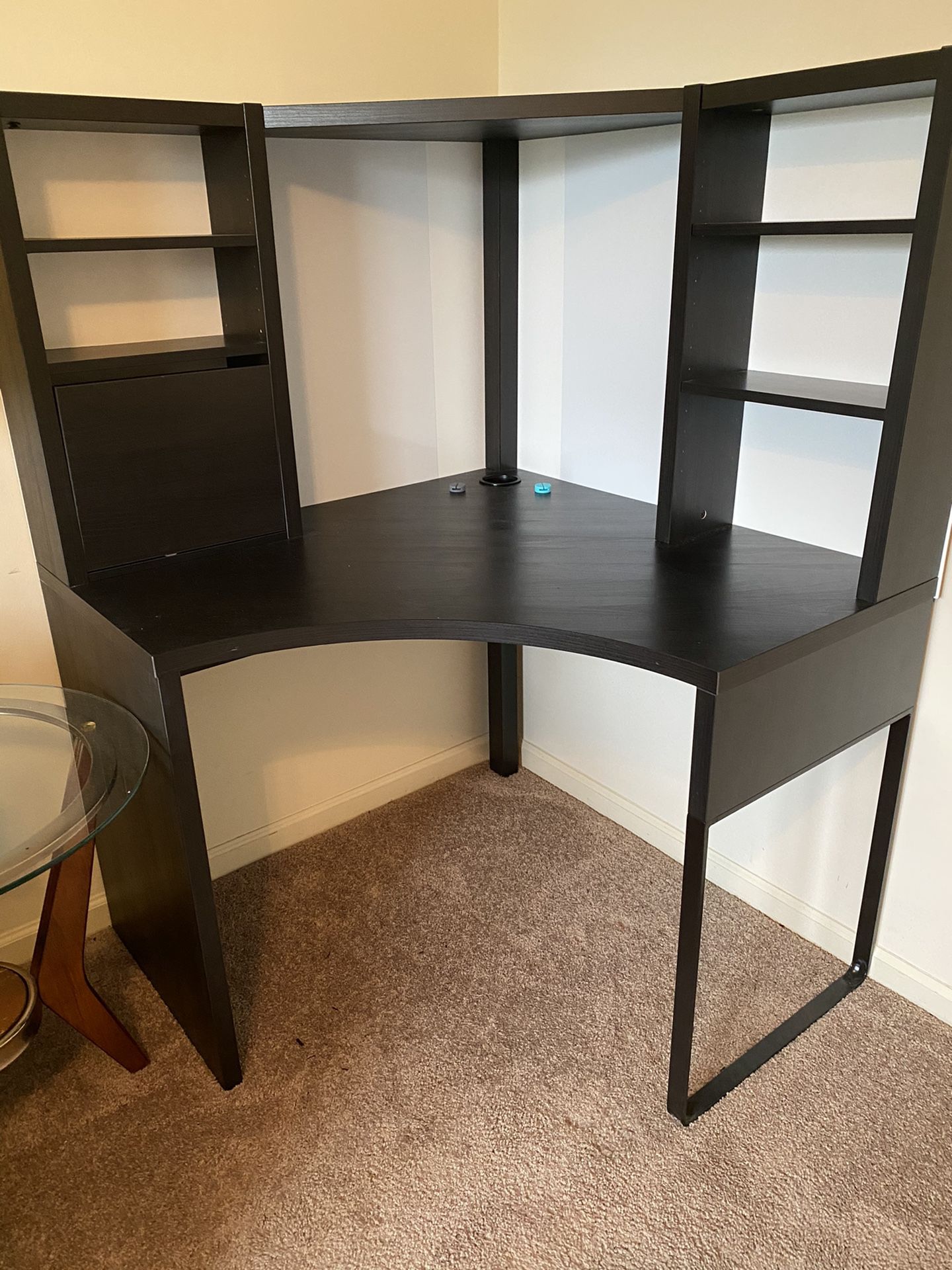 IKEA Corner desk with shelving and magnetic backboard
