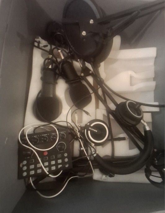 Podcast Setup (2 Mics, Mounts, Sound Box, Headphones)