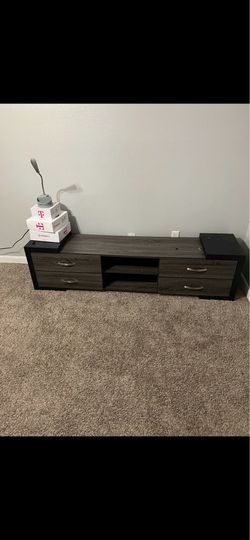 Modern Gray Wood TV Stand Console with 4 Drawers & Open Shelving