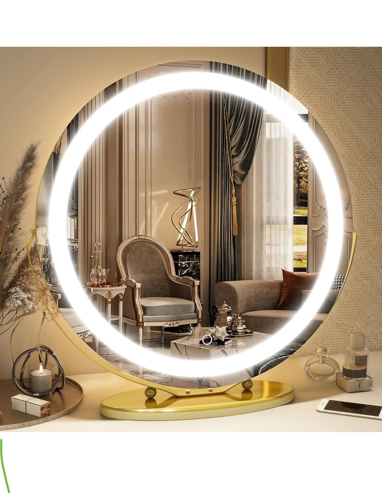 20 inch Large Vanity Makeup Mirror with Lights, 3 Color Lighting Modes | Round Lighted Up Makeup Mirror with Dimming LED Halo for Dressing Room & Bedr
