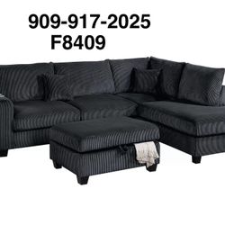 3 PC BLACK SECTIONAL WITH STORAGE OTTOMAN AND USB CHARGING PORT 