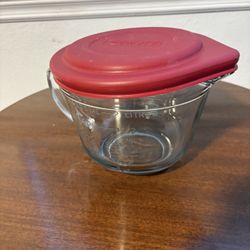 Anchor Hocking 2-quart glass batter bowl with a red lid.  