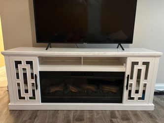 Faux Fireplace White TV Stand with Built-In Space Heater