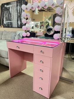 Glam Pink Vanity Table + Bluetooth Mirror
