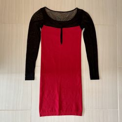 Bebe Red w/ Black Sheer Long Sleeve Bodycon Dress, S