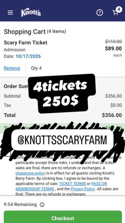 Knotts scary farm 4tix