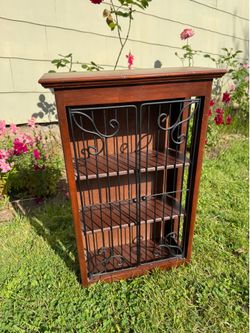 Wooden Wall Shelf with Metal Scrollwork Doors