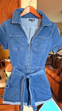 Fashion Nova Mimi Denim Short Sleeve Zip Front Romper XL Medium Wash