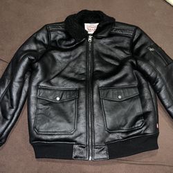 Levis Black Faux Leather Aviator Bomber Jacket Men’s L Sherpa Lined