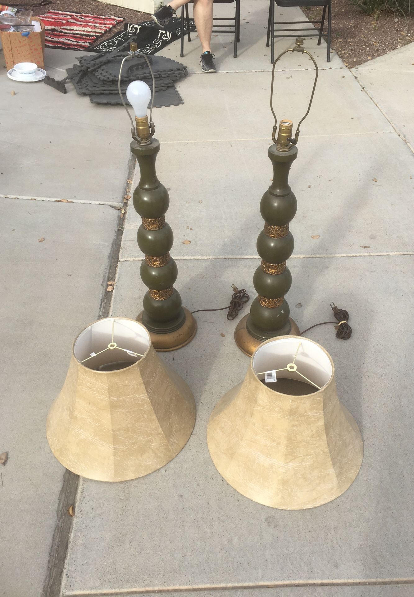 Olive green & brass colored wooden lamps . Shades included