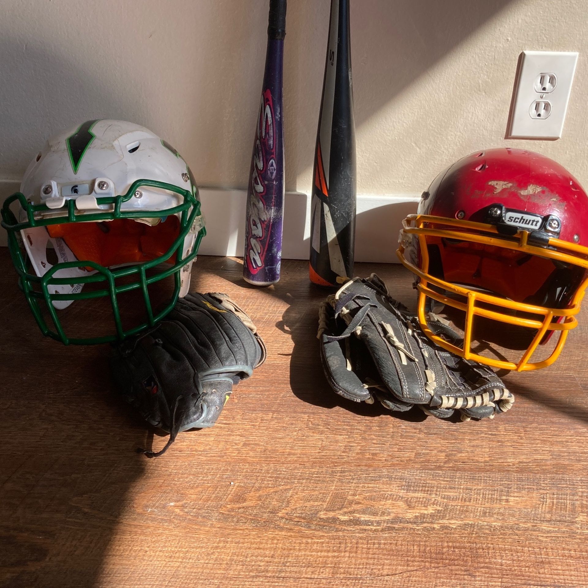 Helmet, Bats, Baseball Gloves