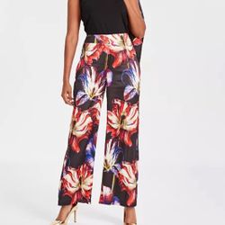 NWT! INC High-Rise Printed Floral Satin Wide-Leg Multicolor Plus Size 1X Pants.