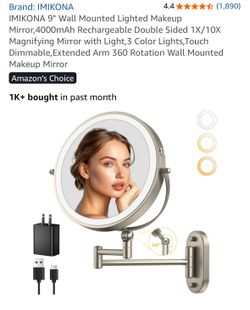 IMIKONA 9" Wall Mounted Lighted Makeup Mirror, 4000mAh Rechargeable Double Sided 1X/10X Magnifying Mirror with Light,3 Color Lights,Touch Dimmable, Ex