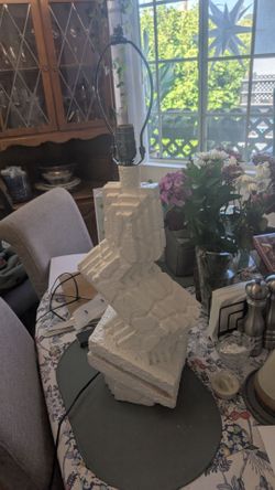 1980s Postmodern Tiered Plaster Lamp - Vintage Brutalist Zig-Zag Table Lamp