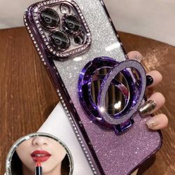 Purple Diamond Glitter Case for iPhone 17 Pro Max – Built-in Makeup Mirror & Ring