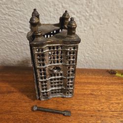 Antique A.C. Williams Cast Iron Silver 5.5" SKYSCRAPER Bank Building Coin Bank

with Key