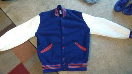 Red white and blue leather college coat size xl great coat warm $40 bucks