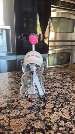 Starbucks Pink Barista Drink Strawberry Bear  20 oz Cup Glass Authentic