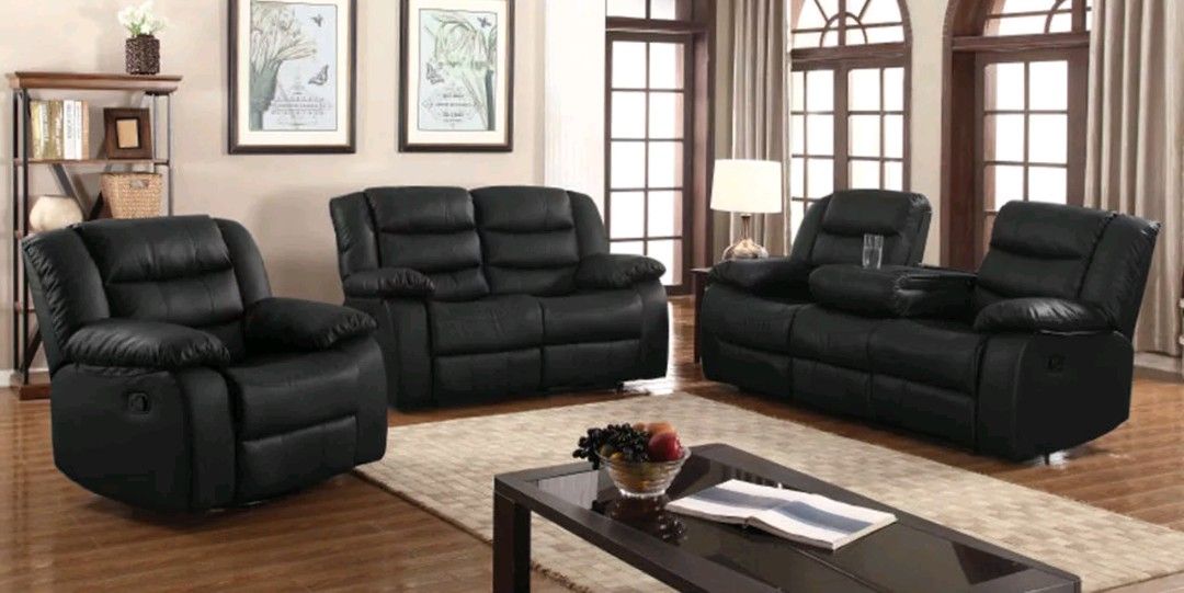 New 3pc Reclining set Black leather