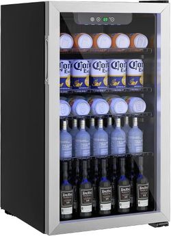 Beverage Refrigerator and Cooler, 110 Can/3.1 Cu Ft Mini Fridge with Glass Door, Adjustable Shelves for Soda,Bee,Wine, Free Standing Small Refrigerato