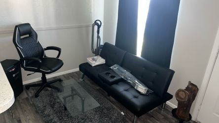 Futon chair, vacuum ,arearug, curtain rods,curtains, decorative wood